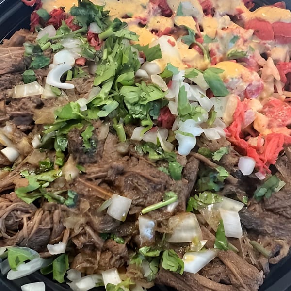 Close-up of Halal Fusionz's shredded beef with cilantro, onions, and a creamy sauce.
