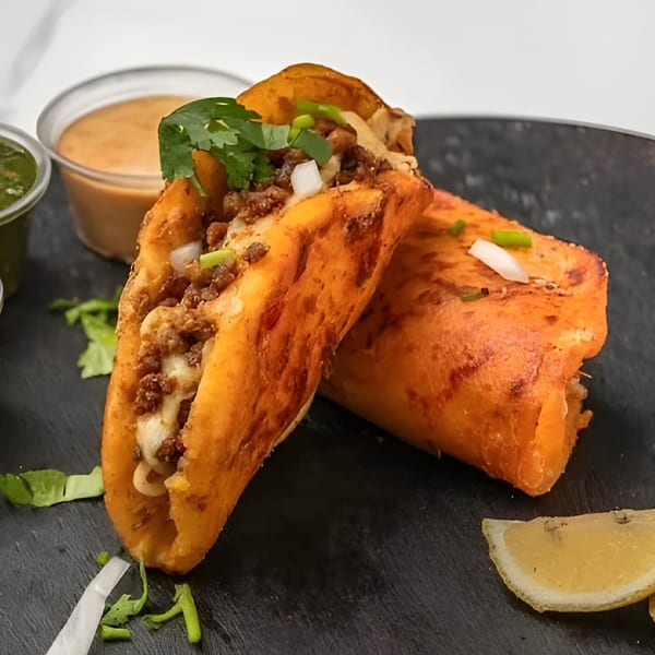Two Halal Fusionz birria tacos with cilantro, onions, and dipping sauces on a dark plate.