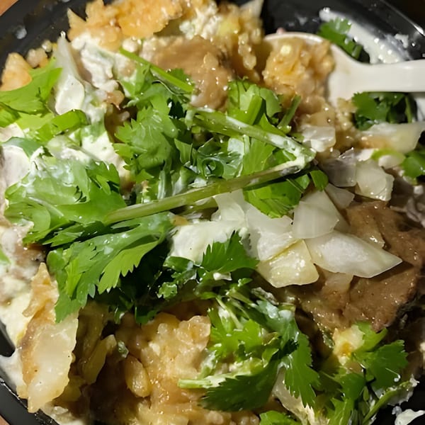 Close-up of Halal Fusionz dish with rice, meat, white sauce, cilantro, and chopped onions.